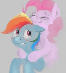 Size: 500x557 | Tagged: safe, artist:jellymaggot, pinkie pie, rainbow dash, earth pony, pegasus, pony, g4, blushing, drawthread, eyes closed, female, mare, requested art, simple background, smelling, sniffing