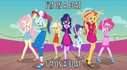 Size: 640x356 | Tagged: safe, edit, edited screencap, screencap, applejack, fluttershy, pinkie pie, rainbow dash, rarity, sci-twi, sunset shimmer, twilight sparkle, equestria girls, equestria girls series, g4, i'm on a yacht, spoiler:eqg series (season 2), caption, humane five, humane seven, humane six, i'm on a boat (the lonely island feat. t-pain), image macro, meme, text, the lonely island