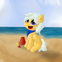 Size: 3000x3000 | Tagged: safe, artist:tempestdk, oc, oc only, oc:scatter, oc:scooter, pegasus, pony, bandana, beach, bucket, cloud, cute, foal, high res, ocean, shovel, sitting, sky, solo, water