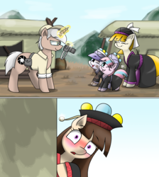 Size: 2064x2304 | Tagged: safe, artist:pencil bolt, oc, oc:karena, oc:lens, earth pony, pony, unicorn, blushing, camera, female, hat, high res, male, miao, mountain, scenery, smiling