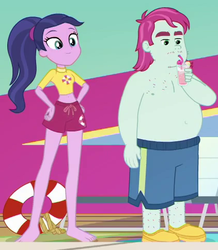 Size: 422x485 | Tagged: safe, screencap, baewatch, meal ticket, equestria girls, equestria girls series, g4, i'm on a yacht, spoiler:eqg series (season 2), background human, beach chair, belly button, cashier, chair, clothes, cropped, cruise, drink, fat, female, legs, life savers, lifeguard, male, male nipples, midriff, nipples, partial nudity, ponytail, rash guard, short shirt, straw, swimming pool, swimsuit, topless