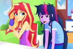 Size: 1131x767 | Tagged: safe, artist:xan-gelx, sci-twi, sunset shimmer, twilight sparkle, equestria girls, g4, clothes, duo, hairbrush, sleeveless, tank top