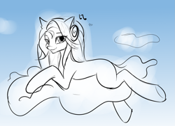 Size: 1497x1086 | Tagged: safe, artist:imbrina, oc, pony, cloud, commission, headphones, music, sky, your character here