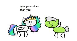 Size: 899x483 | Tagged: safe, artist:round trip, granny smith, princess celestia, alicorn, earth pony, pony, g4, caption, comic sans, crown, ethereal mane, female, i'm a year older than you, image macro, in a nutshell, intentional spelling error, jewelry, mare, meme, regalia, simple background, stick pony, stylistic suck, text, white background