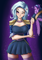 Size: 848x1200 | Tagged: safe, artist:the-park, starlight glimmer, trixie, human, pony, unicorn, equestria girls, g4, street magic with trixie, spoiler:eqg series (season 2), adorasexy, breast envy, breasts, busty trixie, clothes, costume, cute, diatrixes, epaulettes, female, hat, human coloration, looking at you, mare, miniskirt, one eye closed, sexy, skirt, socks, solo focus, standing, thigh highs, tiny, tiny ponies, top hat, wink, zettai ryouiki