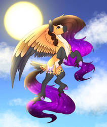 Size: 822x972 | Tagged: safe, artist:cassidyjacobs, oc, oc only, pegasus, pony, flying, sky, solo, sun, wings