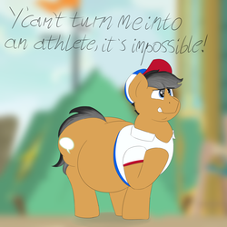 Size: 2500x2500 | Tagged: safe, artist:lupin quill, quibble pants, earth pony, pony, common ground, g4, bhm, butt, chubby cheeks, clothes, dialogue, double chin, fat, hat, high res, male, offscreen character, plot, polo shirt, quibble butts, scene interpretation, solo, stallion, tight clothing, wobble pants