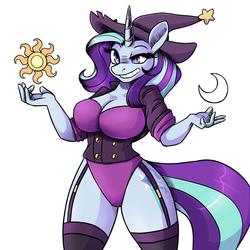 Size: 1280x1280 | Tagged: safe, artist:jitterbugjive, artist:sinsays, starlight glimmer, trixie, oc, oc:trixie glimmer, unicorn, anthro, g4, breasts, clothes, collaboration, crescent moon, female, fusion, garter belt, grin, moon, smiling, solo, stockings, sun, thigh highs, trixie glimmer