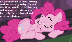 Size: 924x539 | Tagged: safe, edit, edited screencap, editor:korora, screencap, pinkie pie, g4, mmmystery on the friendship express, cropped, cute, diapinkes, friendship express, implied cloudy quartz, implied igneous rock pie, implied quartzrock, implied shipping, implied straight, misspelling, sleeping, solo, text