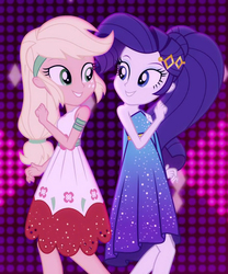 Size: 899x1079 | Tagged: safe, screencap, applejack, rarity, equestria girls, g4, i'm on a yacht, my little pony equestria girls: better together, armband, bare shoulders, clothes, cruise outfit, dancing, dress, female, grin, looking at each other, looking at someone, shipping fuel, smiling, smiling at each other