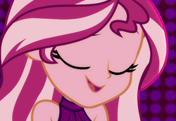 Size: 1565x1080 | Tagged: safe, screencap, sunset shimmer, equestria girls, equestria girls series, i'm on a yacht, spoiler:eqg series (season 2), beautiful, close-up, cute, eyes closed, female, neon eg logo, shimmerbetes, sleeveless, smiling, solo