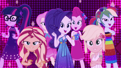 Size: 1920x1080 | Tagged: safe, screencap, applejack, fluttershy, pinkie pie, rainbow dash, rarity, sci-twi, sunset shimmer, twilight sparkle, equestria girls, equestria girls series, g4, i'm on a yacht, spoiler:eqg series (season 2), clothes, dress, female, geode of sugar bombs, geode of super strength, geode of telekinesis, humane five, humane seven, humane six, lidded eyes, looking at you, magical geodes, neon eg logo, sleeveless