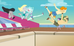 Size: 1148x720 | Tagged: safe, edit, edited screencap, editor:secrettitan, screencap, baewatch, derpy hooves, lyra heartstrings, octavia melody, sandalwood, valhallen, equestria girls, equestria girls series, g4, i'm on a yacht, spoiler:eqg series (season 2), abuse, abuse edit, bikini, clothes, derpybuse, feet, female, legs, lyrabuse, male, male feet, midriff, octaviabuse, sandals, shorts, swimming pool, swimming trunks, swimsuit, this is going to hurt, this will end in death, this will end in pain, this will end in tears, this will end in tears and/or death, this will not end well