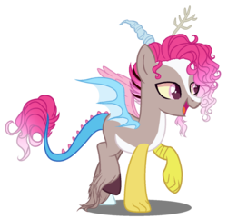 Size: 1350x1300 | Tagged: safe, artist:gihhbloonde, oc, oc only, hybrid, base used, colored hooves, interspecies offspring, male, mismatched horns, mismatched wings, offspring, parent:discord, parent:pinkie pie, parents:discopie, simple background, solo, transparent background, unshorn fetlocks, wings