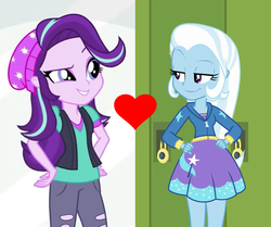 Size: 1086x908 | Tagged: safe, edit, starlight glimmer, trixie, equestria girls, equestria girls series, forgotten friendship, g4, mirror magic, spoiler:eqg specials, beanie, clothes, cropped, female, hand on hip, hoodie, jeans, lesbian, ripped jeans, ship:startrix, shipping, shipping domino, shirt, skirt, smiling, smirk, sweater, sweatshirt, teenager, top, vest, zipper