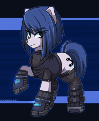Size: 1631x2000 | Tagged: safe, artist:ciderpunk, oc, oc only, oc:datastream, pony, boots, clothes, cyberpunk, gloves, hacker, piercing, shoes, torn clothes