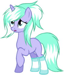 Size: 497x584 | Tagged: safe, oc, oc only, oc:vera nimbus, pony, unicorn, icey-verse, blank flank, clothes, female, magical lesbian spawn, mare, next generation, offspring, open mouth, parent:aloe, parent:cloudchaser, raised hoof, simple background, socks, solo, striped socks, white background