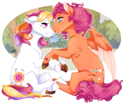 Size: 1200x1005 | Tagged: safe, artist:artsiepeach, artist:your-super-paper-grandma, sparkleworks, sunny daze (g3), earth pony, pegasus, pony, g3, couple, cute, female, holding hooves, kissing, lesbian, looking at each other, mare, ship:sunnysparkle, shipping, sitting