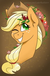 Size: 1080x1620 | Tagged: safe, artist:cadetredshirt, applejack, pony, g4, colored pupils, cute, female, flower, flower in hair, freckles, gradient background, hat, jackabetes, one eye closed, patreon, patreon link, patreon logo, simple background, smiling, solo, wink