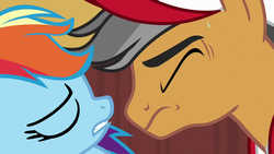 Size: 1280x720 | Tagged: safe, screencap, quibble pants, rainbow dash, earth pony, pegasus, pony, common ground, g4, cap, duo, eyes closed, female, hat, male, mare, out of context, stallion, sweat