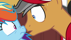 Size: 1280x720 | Tagged: safe, screencap, quibble pants, rainbow dash, earth pony, pegasus, pony, common ground, g4, cap, close-up, duo, female, hat, implied kiss, male, mare, nose to nose, nose wrinkle, stallion, sweat, wide eyes