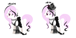 Size: 1024x517 | Tagged: safe, oc, oc only, oc:pastel gothic, earth pony, pony, blank flank, clothes, cute, dress, ear piercing, earring, female, fishnet stockings, hat, high heels, jewelry, mare, necklace, piercing, shoes, simple background, skirt, skirt lift, solo, spiked wristband, white background, wristband