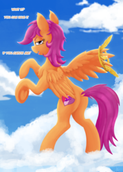 Size: 2000x2800 | Tagged: safe, artist:gab0o0, scootaloo, pegasus, pony, g4, best young flyers competition, butt, crown, cutie mark, dock, female, frog (hoof), high res, jewelry, looking at you, looking back, looking back at you, older, older scootaloo, plot, rearing, regalia, scootaloo can fly, smug, solo, spread wings, standing, the cmc's cutie marks, underhoof, wings