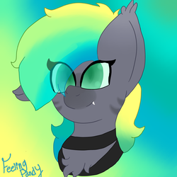 Size: 1080x1080 | Tagged: safe, artist:feelingpandy, oc, oc only, oc:tropica, bat pony, pony, bat pony oc, bust, chest fluff, clothes, colored sclera, facial markings, gradient background, gradient mane, smiling