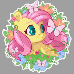 Size: 1440x1440 | Tagged: safe, artist:batonya12561, part of a set, fluttershy, butterfly, pony, g4, chest fluff, chibi, cute, ear fluff, female, garland, gray background, shyabetes, simple background, solo