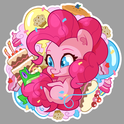 Size: 1440x1440 | Tagged: safe, artist:batonya12561, part of a set, gummy, pinkie pie, alligator, earth pony, pony, g4, :p, balloon, cake, candle, chibi, confetti, cupcake, cute, diapinkes, duo, ear fluff, food, gray background, muffin, simple background, tongue out