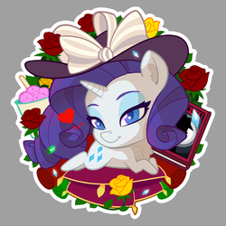 Size: 1440x1440 | Tagged: safe, artist:batonya12561, part of a set, rarity, pony, unicorn, g4, book, chest fluff, chibi, colored pupils, cute, ear fluff, female, flower, food, hat, ice cream, lidded eyes, mare, pillow, prone, raribetes, rose, solo