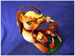 Size: 1280x962 | Tagged: safe, artist:alexcroft1991, applejack, winona, dog, earth pony, pony, fighting is magic, g4, applejack's hat, cowboy hat, craft, grin, hat, lasso, mouth hold, rope, sculpture, smiling