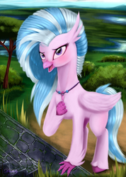 Size: 4480x6300 | Tagged: safe, artist:darksly, silverstream, hippogriff, g4, blushing, detailed background, female, folded wings, open mouth, solo, stairs, that hippogriff sure does love stairs, tree