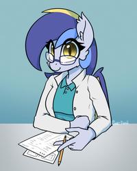 Size: 1504x1884 | Tagged: safe, artist:puetsua, oc, oc only, oc:eclipse lim, bat pony, anthro, anthro oc, bat pony oc, clothes, ear fluff, female, glasses, gradient background, lab coat, looking at you, mare, paper, pencil, slit pupils, smiling, solo
