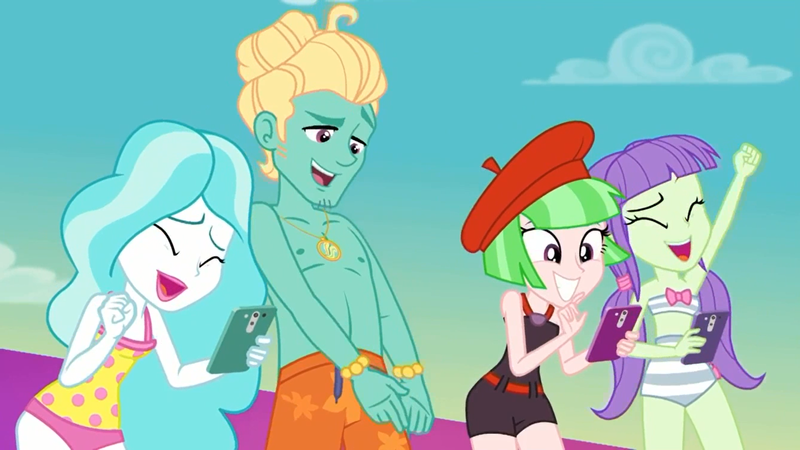 2032788 - safe, screencap, drama letter, paisley, starlight, watermelody,  zephyr breeze, equestria girls, equestria girls series, i&#39;m on a yacht,  spoiler:eqg series (season 2), background human, bare chest, beret, bikini,  cellphone, cheering,