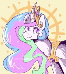 Size: 784x871 | Tagged: safe, artist:kittyisawolf, princess celestia, alicorn, pony, g4, abstract background, crown, curved horn, cute, cutelestia, female, horn, jewelry, mare, peytral, regalia, solo