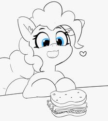 Size: 2613x2934 | Tagged: safe, artist:pabbley, pinkie pie, earth pony, pony, g4, female, food, happy, heart, high res, implied ponies eating meat, lineart, looking at something, mare, monochrome, open mouth, partial color, sandwich, smiling, solo