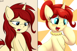 Size: 3853x2594 | Tagged: safe, artist:an-tonio, oc, oc:golden brooch, pony, unicorn, comparison, earring, female, hair bun, happy, high res, jewelry, lipstick, loose hair, makeup, mare, messy mane, necklace, open mouth, pearl earrings, pearl necklace, raised hoof, red lipstick, smiling, sunburst background, tired