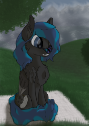 Size: 3508x4960 | Tagged: safe, artist:littlepony115, oc, oc only, oc:solar eclipse, pegasus, pony, cheek fluff, chest fluff, female, grass, grass field, leaves, leg fluff, mare, mountain, mountain range, picnic, picnic blanket, smiling, solo, tree