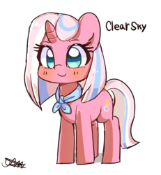 Size: 2620x2839 | Tagged: dead source, safe, artist:choyamy, clear sky, pony, unicorn, common ground, g4, ascot, blushing, cute, cute sky, female, high res, mare, signature, simple background, solo, white background