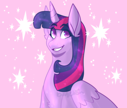 Size: 1280x1089 | Tagged: safe, artist:marsbitten, twilight sparkle, alicorn, pony, g4, colored pupils, cute, ear fluff, eye clipping through hair, female, mare, pink background, simple background, smiling, solo, twiabetes, twilight sparkle (alicorn), twilight's cutie mark