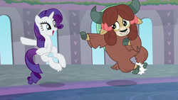 Size: 1920x1080 | Tagged: safe, screencap, rarity, yona, pony, unicorn, yak, g4, she's all yak, beautiful, cloven hooves, cute, dancing, duo, female, fit right in, grin, hair bow, heel click, hoof click, mare, mentor and protege, monkey swings, raribetes, singing, smiling, teenager, yonadorable