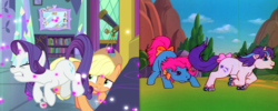 Size: 1853x738 | Tagged: safe, screencap, applejack, bow tie (g1), glory, rarity, earth pony, pony, unicorn, ail-icorn, g1, g4, interseason shorts, bow, comparison, eyes on the prize, female, looking at butt, mare, roller skates, tail, tail bow
