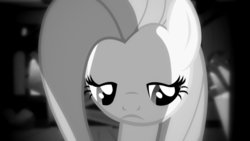 Size: 1191x670 | Tagged: safe, edit, edited screencap, editor:undeadponysoldier, screencap, fluttershy, pegasus, pony, g4, putting your hoof down, black and white, depressed, female, fluttershy's cottage, grayscale, looking down, mare, monochrome, poor fluttershy, sad, shading, solo