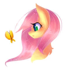 Size: 577x608 | Tagged: safe, artist:dddreamdraw, fluttershy, butterfly, pony, g4, bust, female, mare, neck fluff, portrait, profile, simple background, solo, white background