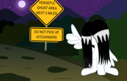 Size: 3300x2114 | Tagged: safe, artist:badumsquish, derpibooru exclusive, oc, oc only, ghost, ghost pony, monster pony, original species, pegasus, pony, dark, female, full moon, hidden eyes, high res, hitchhiking, long mane, moon, night, obscured face, pale, road, road sign, seems legit, show accurate, sign, sitting, smirk, solo, white, wing hands, wings