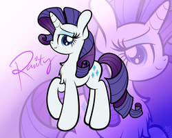 Size: 2500x2000 | Tagged: dead source, safe, artist:php142, rarity, pony, unicorn, g4, bedroom eyes, female, gradient background, high res, looking at you, raised hoof, side view, simple background, solo, text, zoom layer