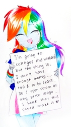 Size: 2322x4128 | Tagged: safe, artist:liaaqila, rainbow dash, equestria girls, g4, announcement, asking for help, cute, dashabetes, eyes closed, help, misspelling, open mouth, rainbow dash always dresses in style, teary eyes, traditional art