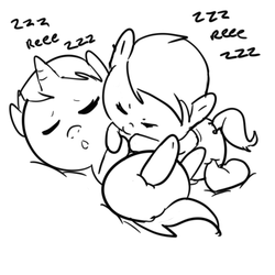Size: 512x512 | Tagged: safe, artist:lazynore, oc, oc only, oc:filly anon, earth pony, pony, unicorn, baby, baby pony, diaper, eyes closed, female, filly, lineart, onomatopoeia, reeee, sleeping, snuggling, sound effects, zzz