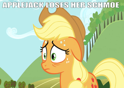 Size: 665x470 | Tagged: safe, edit, edited screencap, editor:undeadponysoldier, screencap, applejack, earth pony, pony, g4, applejack's hat, caption, cowboy hat, female, floppy ears, freckles, hat, image macro, mare, meme, nervous, sweat, sweet apple acres, text, toy story, woody loses his schmoe, wrong aspect ratio, youtube poop